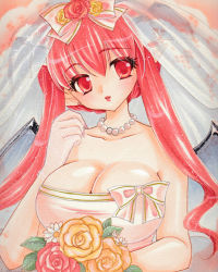 Rule 34 | 1girl, alternate costume, alternate hairstyle, bad id, bad pixiv id, bat wings, bouquet, breasts, bridal veil, bride, bursting breasts, cleavage, collarbone, daisy, dress, earrings, female focus, fingernails, flower, gloves, hair flower, hair ornament, hair ribbon, hair up, head tilt, head wings, jewelry, koakuma, lace, lace gloves, large breasts, leaf, lips, looking at viewer, marker (medium), millipen (medium), mitsuba (threeleaf), nail polish, necklace, parted lips, pastel (medium), pearl necklace, pink background, red eyes, red hair, ribbon, rose, sidelocks, solo, strapless, strapless dress, touhou, traditional media, veil, wedding dress, wings