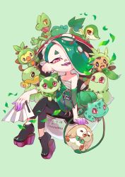 Rule 34 | 1girl, alternate hair color, bulbasaur, chespin, chest sarashi, chikorita, company connection, creatures (company), crossover, cyndaquil, fangs, game freak, gen 1 pokemon, gen 2 pokemon, gen 3 pokemon, gen 4 pokemon, gen 5 pokemon, gen 6 pokemon, gen 7 pokemon, gen 8 pokemon, grookey, hair over one eye, highres, leaf, looking at viewer, matchaneko, nintendo, octoling, plant, pointy ears, poke ball, pokemon, pokemon (creature), red eyes, rowlet, sarashi, shiver (splatoon), sitting, smile, snivy, splatoon (series), splatoon 3, sprigatito, tentacle hair, treecko, turtwig, vines
