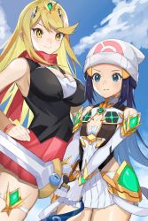 2girls, armor, armored dress, bangs, beanie, black shirt, blonde hair, blue eyes, blue hair, blue sky, breast envy, breasts, cloud, commentary request, cosplay, costume switch, creatures (company), crossover, dawn (pokemon), dawn (pokemon) (cosplay), day, dress, flat chest, game freak, gen 6 pokemon, hat, highres, holding, holding sword, holding weapon, honedge, katwo, large breasts, long hair, multiple girls, mythra (xenoblade), mythra (xenoblade) (cosplay), namesake, nintendo, outdoors, pokemon, pokemon (game), pokemon dppt, red scarf, red skirt, scarf, shirt, short dress, short hair, skirt, sky, sleeveless, sleeveless shirt, smile, sweatdrop, swept bangs, sword, tiara, weapon, white dress, white headwear, xenoblade chronicles (series), xenoblade chronicles 2, yellow eyes