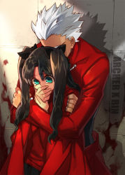 Rule 34 | 1boy, 1girl, archer (fate), bad id, bad pixiv id, blood, blue eyes, brown hair, character name, comforting, covering face, covering own mouth, covering privates, dark-skinned male, dark skin, empew, fate/stay night, fate (series), height difference, hug, hug from behind, long hair, tears, tohsaka rin, twintails, two side up, white hair