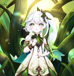 Rule 34 | agino, blush, bracelet, detached sleeves, dress, genshin impact, green eyes, green hair, highres, jewelry, multicolored hair, nahida (genshin impact), open mouth, pointy ears, ponytail, side ponytail, solo, white hair