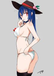 Rule 34 | 1girl, adapted costume, ass, bikini, blue hair, blush, breasts, food, from side, fruit, hat, highres, hinanawi tenshi, long hair, peach, red eyes, sideboob, simple background, solo, swimsuit, tetsurou (fe+), thighhighs, touhou