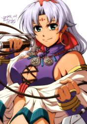 Rule 34 | 1girl, akane kazami, bare shoulders, breasts, bridal gauntlets, cleavage cutout, clothing cutout, curtained hair, earrings, eiyuu densetsu, green eyes, highres, holding, holding weapon, holding whip, jewelry, large breasts, long hair, looking at viewer, ring, scherazard harvey, signature, simple background, smile, solo, sora no kiseki, weapon, whip, white background, white hair