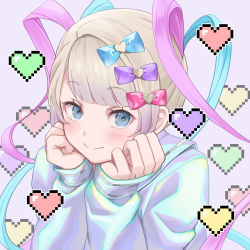 Rule 34 | 1girl, 631, blonde hair, blue eyes, blue hair, blush, bow, chouzetsusaikawa tenshi-chan, hair bow, hands on own cheeks, hands on own face, heart, highres, holographic clothing, long hair, long sleeves, multiple hair bows, needy girl overdose, pink hair, pixel heart, quad tails, school uniform, serafuku, sleeves past wrists, smile, solo
