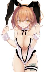 Rule 34 | 1girl, ahoge, akizuki maku, alternate costume, bare arms, bare shoulders, black ribbon, blush, breasts, rabbit hair ornament, cleavage, commentary request, detached collar, fate/grand order, fate (series), fujimaru ritsuka (female), hair ornament, highres, large breasts, leotard, looking at viewer, money, navel, orange eyes, orange hair, playboy bunny, revealing clothes, ribbon, side ponytail, simple background, solo, white background, wrist cuffs