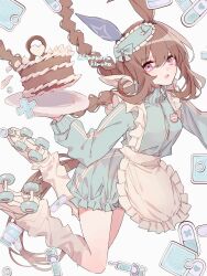 Rule 34 | admire vega (umamusume), animal ears, apron, artist name, blue bow, blue jacket, bow, braid, brown hair, cake, commentary request, ear covers, falling, food, grey socks, hair between eyes, hair bow, highres, himawari himuka, holding, holding tray, horse ears, horse girl, horse tail, jacket, jersey maid, long hair, looking at viewer, maid, maid apron, open mouth, pill, purple eyes, roller skates, single ear cover, skates, socks, syringe, tail, tray, twin braids, umamusume, unconventional maid, white background, white footwear