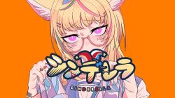 Rule 34 | 1girl, animal ears, blonde hair, blue nails, cinderella (vocaloid), fingernails, fox ears, fox girl, glasses, holding, holding shoes, hololive, kakult2017, looking at viewer, nail polish, official art, omaru polka, orange background, pink eyes, red nails, second-party source, shoes, simple background, solo, song name, virtual youtuber, vocaloid