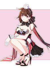 Rule 34 | 1girl, absurdres, animal, animal on head, bare shoulders, black footwear, border, braid, breasts, brown eyes, brown hair, chinese commentary, cleavage, closed mouth, commentary request, dress, full body, gloves, hair ornament, high heels, highres, honkai (series), honkai impact 3rd, jin li (107194530), li sushang, li sushang (jade knight), long hair, looking at viewer, makeup, medium breasts, multicolored hair, on head, outline, pink background, rabbit, red dress, red hair, sandals, simple background, sleeveless, sleeveless dress, smile, solo, squatting, toes, twintails, very long hair, white border, white gloves, yellow eyes
