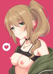 Rule 34 | 1girl, bare shoulders, black camisole, blush, breasts, breasts out, brown hair, camisole, chloe (princess connect!), chloe (real) (princess connect!), choker, closed mouth, clothes lift, collarbone, green eyes, green jacket, heart, horosuke, jacket, jewelry, long hair, looking at viewer, necklace, nipples, off shoulder, open clothes, open jacket, pink background, princess connect!, shirt lift, side ponytail, simple background, smile, solo, split mouth, spoken heart