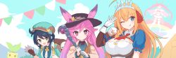 Rule 34 | 4girls, animal ears, ascot, backpack, bag, blue eyes, blue hair, blue sky, breasts, brown coat, brown gloves, cleo (dragalia lost), coat, crossover, dragalia lost, fingerless gloves, gloves, green eyes, hair between eyes, hat, highres, holding, holding staff, large breasts, long hair, lumiere pandora, midriff, mitsuba (dragalia lost), multiple girls, navel, one eye closed, orange hair, pecorine (princess connect!), pink eyes, pink hair, pipple (dragalia lost), princess connect!, puffy short sleeves, puffy sleeves, rabbit ears, red ascot, short hair, short sleeves, sky, smile, staff, suta (clusta), tiara, tongue, tongue out, twintails, white gloves