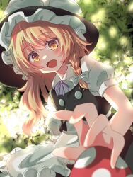 Rule 34 | 1girl, :d, apron, black headwear, black vest, blonde hair, blurry, blush, commentary, cowboy shot, dappled sunlight, day, depth of field, eyes visible through hair, frilled apron, frills, hair between eyes, happy, highres, kirisame marisa, leaf, long hair, looking at viewer, looking down, mushroom, neck ribbon, open mouth, outdoors, puffy short sleeves, puffy sleeves, purple ribbon, ribbon, shirt, short sleeves, smile, solo, standing, sunlight, toufuoishiiiiii, touhou, vest, waist apron, wavy hair, white apron, white shirt, yellow eyes