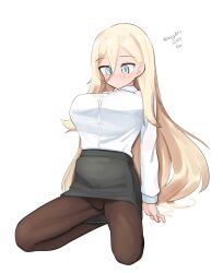 Rule 34 | 1girl, absurdres, black pantyhose, black skirt, blonde hair, blue eyes, breasts, collared shirt, dress shirt, hair between eyes, highres, kantai collection, kneeling, large breasts, long hair, maru (marg0613), mole, mole under eye, mole under mouth, one-hour drawing challenge, pantyhose, pencil skirt, richelieu (kancolle), shirt, simple background, skirt, solo, white background, white shirt