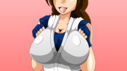 1boy 1girl braid breasts brown_hair busty_female curvy dougi female_focus gloves hands_on_breasts huge_breasts kaiman82 karate_gi large_breasts long_hair pale_skin ponytail the_king_of_fighters yuri_sakazaki