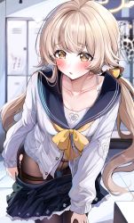Rule 34 | 1girl, absurdres, blonde hair, blue archive, blue sailor collar, blurry, blurry background, blush, bra strap, clothes pull, collarbone, crotch seam, hair ornament, halo, hand on own knee, hifumi (blue archive), highres, indoors, leaning forward, locker, locker room, long hair, long sleeves, looking down, low twintails, panties, panties under pantyhose, pantyhose, parted lips, pleated skirt, pulling own clothes, sailor collar, sak (lemondisk), school uniform, skirt, skirt pull, solo, thigh gap, thighband pantyhose, tile floor, tiles, torn clothes, torn pantyhose, twintails, underwear, undressing, very long hair, yellow eyes