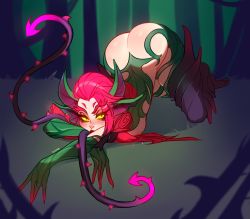 Rule 34 | 1girl, artist name, blush, breasts, colored skin, forest, green skin, highres, ilwha, large breasts, league of legends, long hair, looking at viewer, nature, nipples, outdoors, red hair, shiny skin, solo, top-down bottom-up, tree, yellow eyes, zyra