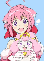 Rule 34 | 10s, 1girl, :d, ahoge, animal ear fluff, animal ears, bare shoulders, blue background, blush, color connection, dog days, dog ears, dog girl, gloves, go! princess precure, millhiore f. biscotti, open mouth, pink hair, precure, puff (go! princess precure), purple eyes, season connection, short hair, simple background, smile, solo, trait connection, umanosuke