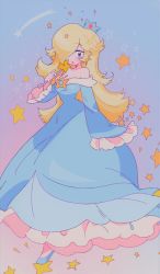 Rule 34 | 1girl, bare shoulders, blonde hair, blue dress, blue eyes, blue footwear, blush, collarbone, crown, dress, earrings, frills, hair over one eye, highres, holding, holding wand, jewelry, long hair, mario (series), meowwniz, nintendo, open mouth, rosalina, shooting star, single earring, sleeves past wrists, smile, solo, star (sky), star (symbol), wand