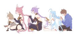 Rule 34 | 2boys, 3girls, absurdres, ahoge, animal ears, bare shoulders, barefoot, black footwear, black gloves, blue hoodie, bow, braid, braiding hair, brother and sister, brown hair, child, closed eyes, closed mouth, dress, elbow gloves, feower (granblue fantasy), fingerless gloves, fingernails, gloves, gran (granblue fantasy), granblue fantasy, hair bow, hairdressing, half-closed eyes, highres, hood, hood down, hoodie, kkaags, long hair, lyria (granblue fantasy), multiple boys, multiple girls, open mouth, purple hair, siblings, simple background, sitting, skirt, smile, sweat, tien (granblue fantasy), very long hair, wariza, white background, white bow, white dress