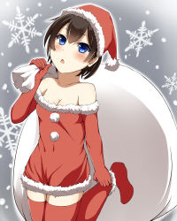 Rule 34 | 10s, 1girl, 96neko96, bare shoulders, blue eyes, blush, brown hair, chestnut mouth, elbow gloves, gloves, hat, highres, kaga (kancolle), kantai collection, looking at viewer, naoto (96neko96), personification, red gloves, red thighhighs, santa costume, santa hat, short hair, side ponytail, snowflakes, solo, thighhighs, zettai ryouiki