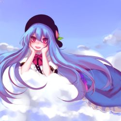Rule 34 | 1girl, blue hair, blue sky, blush, cloud, day, dress, food, fruit, hair between eyes, hat, hinanawi tenshi, long hair, looking at viewer, lying, on stomach, open mouth, peach, puffy sleeves, red eyes, short sleeves, sky, smile, solo, tis (shan0x0shan), touhou, very long hair
