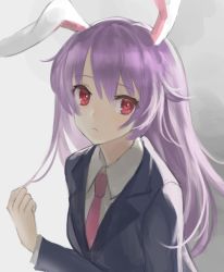 Rule 34 | 1girl, animal ears, bad id, bad pixiv id, black jacket, blazer, collared shirt, expressionless, grey background, hair between eyes, jacket, light purple hair, long hair, long sleeves, looking at viewer, looking to the side, necktie, okakan, rabbit ears, red eyes, red necktie, reisen udongein inaba, ruffling hair, shirt, solo, touhou, upper body, white shirt