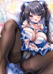 Rule 34 | 1girl, akatsuki (aktk511), animal ears, animal hairband, bare shoulders, black hair, black pantyhose, blue choker, blue dress, blush, breasts, cat ears, choker, cleavage, clothing cutout, dress, finger to mouth, hair ornament, hairclip, highres, large breasts, looking at viewer, multicolored clothes, navel, navel cutout, open mouth, original, panties, panties under pantyhose, pantyhose, smile, solo, spread legs, twintails, underwear, white dress, white panties