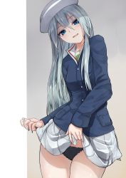 Rule 34 | 1girl, black panties, blue eyes, blue jacket, bow, bow panties, clothes lift, commentary, cowboy shot, dixie cup hat, flint (girls und panzer), girls und panzer, green shirt, grey background, hat, head tilt, highres, jacket, kakimoto nao, lifting own clothes, long hair, long sleeves, looking at viewer, military, military hat, military uniform, miniskirt, ooarai military uniform, open mouth, outside border, panties, pleated skirt, shirt, side-tie panties, silver hair, skirt, skirt lift, smile, solo, standing, underwear, uniform, untying, white hat, white skirt