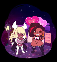 Rule 34 | 2girls, amber (carmessi), animal crossing, animal crossing new horizons, artist name, breasts, breasts out, brown hair, carmessi, cloak, curvy, dark-skinned female, dark skin, demon girl, full body, gala (carmessi), garter straps, gloves, highres, huge breasts, jewelry, lipstick, long hair, makeup, mature female, mother and daughter, multiple girls, nintendo, nipples, no bra, official style, one eye closed, open clothes, panties, parody, parted lips, plump, red eyes, revealing clothes, shiny skin, simple background, smile, standing, style parody, thick thighs, thighhighs, thighs, thong, underwear, underwear only, very long hair, white gloves, white panties, wide hips, wink
