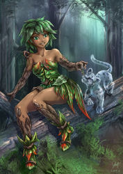 Rule 34 | 10s, 1girl, 2016, alairia (angel-enariel), arm support, bare shoulders, borrowed character, cougar (animal), dark skin, dark-skinned female, dress, dryad, eyeliner, forest, full body, ghost, green dress, green eyes, green hair, grin, in tree, looking at another, makeup, matching hair/eyes, maxa&#039;, monster girl, nature, original, plant, plant girl, plant hair, signature, sitting, sitting in tree, smile, solo, strapless, thighs, tree, wearing plant
