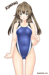 Rule 34 | 1girl, absurdres, blue eyes, blue one-piece swimsuit, breasts, brown hair, character name, collarbone, competition swimsuit, cowboy shot, gluteal fold, highleg, highleg swimsuit, highres, kantai collection, kumano (kancolle), long hair, looking at viewer, notchi, one-piece swimsuit, ponytail, simple background, small breasts, solo, standing, sweat, swimsuit, white background