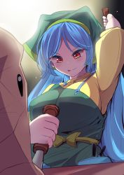 Rule 34 | 1girl, :q, adda, apron, blue hair, blush, breasts, carving, chisel, closed mouth, commentary, dress, green apron, green headwear, haniyasushin keiki, head scarf, highres, holding, jewelry, large breasts, long hair, looking down, magatama, magatama necklace, necklace, one-hour drawing challenge, red eyes, short sleeves, smile, solo, tongue, tongue out, touhou, upper body, yellow dress
