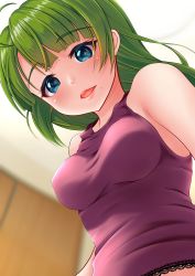 Rule 34 | 1girl, absurdres, alternate costume, blue eyes, blurry, braid, commentary request, depth of field, green hair, highres, indoors, kantai collection, long hair, looking at viewer, makura (y makura), mole, mole under mouth, purple tank top, single braid, smile, solo, tank top, upper body, very long hair, yuugumo (kancolle)