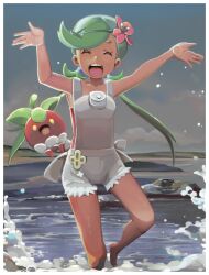 Rule 34 | 1girl, :d, arm up, beach, blush, border, bounsweet, breasts, collarbone, commentary, cowboy shot, creatures (company), dark-skinned female, dark skin, eyelashes, flower, game freak, gen 7 pokemon, green eyes, green hair, green headband, grey overalls, hands up, happy, headband, highres, long hair, looking at viewer, mallow (pokemon), nintendo, open mouth, outside border, overall shorts, overalls, pink flower, pink shirt, pokemon, pokemon (anime), pokemon (creature), pokemon sm (anime), shirt, small breasts, smile, sparkle, swept bangs, teeth, tongue, tr3ratna, trial captain, twintails, upper teeth only, white border