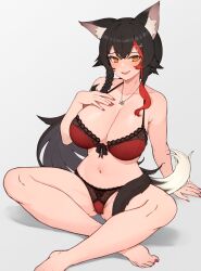 Rule 34 | 1girl, :d, animal ear fluff, animal ears, barefoot, black hair, bra, braid, breasts, brown eyes, fang, female pubic hair, hair ornament, hand on own chest, highres, hololive, indian style, jewelry, large breasts, long hair, looking at viewer, multicolored hair, nail polish, navel, necklace, ookami mio, open mouth, panties, pubic hair, red bra, red hair, red nails, red panties, sitting, smile, solo, stomach, streaked hair, tail, toenail polish, toenails, underwear, underwear only, varniskarnis, virtual youtuber, wolf ears, wolf tail, x hair ornament