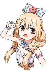 Rule 34 | 1girl, azmira1534815, bare shoulders, blonde hair, blush, bow, brown eyes, dress, flat chest, futaba anzu, hair bow, idolmaster, idolmaster cinderella girls, long hair, looking at viewer, low twintails, open mouth, simple background, sketch, smile, solo, twintails, upper body, v, white background