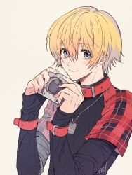 Rule 34 | 1boy, black shirt, blonde hair, blue eyes, camera, collar, dog tags, hair between eyes, holding, holding camera, jewelry, long sleeves, looking at viewer, male focus, necklace, okusawa ritsu, plaid, plaid shirt, red collar, rin (togainu no chi), shirt, short hair, signature, sketch, sleeves past wrists, smile, solo, togainu no chi, upper body, white background