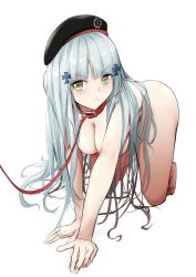 Rule 34 | 1girl, all fours, bdsm, blunt bangs, blush, breasts, collar, facial mark, girls&#039; frontline, green eyes, hair ornament, hat, highres, hk416 (girls&#039; frontline), large breasts, leash, long hair, looking at viewer, nude, pet play, silver hair, simple background, slave, solo, take (trude1945oneetyan), teardrop, very long hair, viewer holding leash, white background