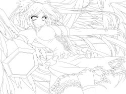 Rule 34 | 1girl, absurdres, arm cannon, bow, breasts, feathered wings, female focus, greyscale, hair bow, highres, large breasts, lineart, long hair, looking at viewer, monety, monochrome, panties, pantyshot, puffy short sleeves, puffy sleeves, reiuji utsuho, short sleeves, skirt, solo, thigh strap, touhou, transparent background, underwear, upskirt, weapon, wings