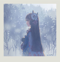 Rule 34 | 1girl, blunt bangs, bow, expressionless, hjl, japanese clothes, kimono, looking away, mask, onmyoji, pale color, profile, snowing, solo, standing, yuki onna (onmyoji)