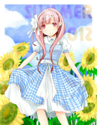Rule 34 | 10s, 1girl, 2012, akb0048, blue sky, blunt bangs, blush, breasts, cloud, dated, day, dress, flower, hair flower, hair ornament, hair over shoulder, hair ribbon, hairband, high collar, kashiwagi yuki (akb0048), light smile, long hair, looking at viewer, outdoors, parted bangs, pink hair, plaid, plaid dress, puffy short sleeves, puffy sleeves, purple eyes, ribbon, shikage nagi, short sleeves, skirt hold, sky, small breasts, smile, solo, standing, summer, sundress, sunflower, tororo29, twintails, very long hair