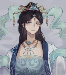 Rule 34 | 1girl, black hair, blue eyes, chinese clothes, cloud retainer (genshin impact), commentary, earrings, english commentary, eyeshadow, genshin impact, highres, humanization, jewelry, long hair, looking at viewer, makeup, necklace, penkorii, smile, solo, upper body, xianyun (genshin impact)