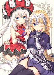 Rule 34 | 2girls, :d, ;), armor, armored dress, bare arms, beige background, black legwear, black skirt, blonde hair, blue dress, blue eyes, blush, braid, breasts, capelet, chain, closed mouth, commentary, crystal, dress, fate/grand order, fate (series), finger to mouth, frilled hat, frills, gauntlets, gloves, hat, headpiece, holding hands, jeanne d&#039;arc (fate), jeanne d&#039;arc (ruler) (fate), kneeling, long hair, long sleeves, looking at viewer, marie antoinette (fate), medium breasts, miniskirt, multiple girls, one eye closed, open mouth, red gloves, red hat, red shirt, sheath, sheathed, shiromikan, shirt, shushing, sidelocks, silver hair, simple background, single braid, sitting, skirt, sleeveless, sleeveless shirt, smile, sword, thighhighs, very long hair, weapon, white legwear, yuri, zettai ryouiki