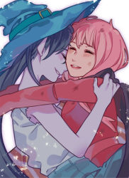 Rule 34 | 2girls, adventure time, black hair, blue headwear, blush, closed eyes, colored skin, commentary, curryuku, english commentary, grey shirt, grin, hat, hug, long hair, long sleeves, marceline abadeer, multiple girls, open mouth, pink hair, pink skin, pointy ears, princess bonnibel bubblegum, red shirt, shirt, smile, sparkle, spoilers, upper body, white background, yuri