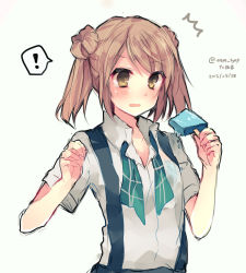 Rule 34 | !, 10s, 1girl, :o, ^^^, artist name, bad id, bad pixiv id, blonde hair, bow, bowtie, dated, double bun, food, hair bun, holding, holding food, ice cream, ikeuchi tanuma, kantai collection, michishio (kancolle), open mouth, popsicle, school uniform, see-through, short sleeves, simple background, solo, suspenders, twintails, twitter username, untied, upper body, wavy mouth, white background, yellow eyes