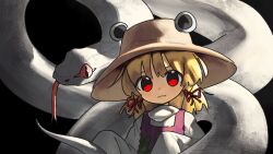 1girl blonde_hair brown_hat chinese_zodiac closed_mouth commentary hair_ribbon hat highres looking_at_viewer medium_hair mishaguji moriya_suwako natas430 purple_vest red_eyes red_ribbon ribbon shirt simple_background sleeves_past_fingers sleeves_past_wrists smile snake solo touhou upper_body vest white_shirt white_snake year_of_the_snake