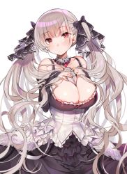 Rule 34 | 1girl, areola slip, azur lane, bare shoulders, between breasts, black dress, blush, breast suppress, breasts, cleavage, dress, earrings, formidable (azur lane), frilled dress, frills, grey hair, hair ornament, hair ribbon, jewelry, kibii mocha, large breasts, long hair, long sleeves, looking at viewer, red eyes, ribbon, simple background, solo, twintails, white background