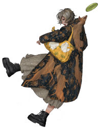 Rule 34 | 1girl, animal, animal print, bag, black footwear, boots, dog, dog print, dress, floral print, frisbee, from side, full body, grey hair, long dress, looking back, open mouth, original, print dress, profile, short hair, simple background, solo, tahra, white background, yellow bag