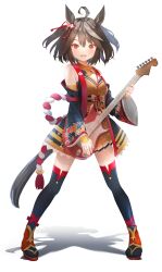 Rule 34 | 1girl, absurdres, ahoge, animal ears, bare shoulders, black hair, black jacket, black thighhighs, blush, bow, breasts, brown hair, cleavage, cleavage cutout, clothing cutout, commentary request, detached sleeves, ear ribbon, full body, guitar, hair between eyes, highres, holding, holding instrument, horse ears, horse girl, horse tail, hoshi umi, instrument, jacket, kitasan black (umamusume), kouhaku nawa, looking at viewer, multicolored hair, open clothes, open jacket, open mouth, red eyes, rope, shadow, shimenawa, shirt, short hair, skirt, small breasts, smile, solo, standing, streaked hair, tail, thighhighs, umamusume, white hair, wide sleeves, yellow shirt, yellow skirt