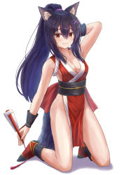 Rule 34 | 1girl, animal ear fluff, animal ears, arm behind head, arm up, armpits, bare shoulders, black hair, black socks, blush, breasts, brown eyes, cleavage, closed mouth, commentary request, cosplay, dress, fang, fang out, fatal fury, full body, hair between eyes, hair ornament, hairclip, high ponytail, highres, holding, iroha (iroha matsurika), kneeling, kunoichi-chan (iroha (iroha matsurika)), long hair, medium breasts, ninja, obi, original, pelvic curtain, ponytail, red dress, red socks, sash, shiranui mai, shiranui mai (cosplay), sleeveless, sleeveless dress, smile, socks, solo, tail, very long hair, white background, wolf ears, wolf girl, wolf tail, x hair ornament