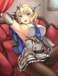 Rule 34 | 1girl, anchor, armpits, bad id, bad pixiv id, black pantyhose, blonde hair, blue eyes, blue necktie, braid, breasts, capelet, colorado (kancolle), couch, cowboy shot, curtains, dress, elbow gloves, gloves, grey dress, headgear, highres, kantai collection, large breasts, necktie, open mouth, pantyhose, round teeth, short hair, sideboob, sitting, smile, solo, teeth, thick thighs, thighs, upper teeth only, window, zhou yu (ppaaqz1995)